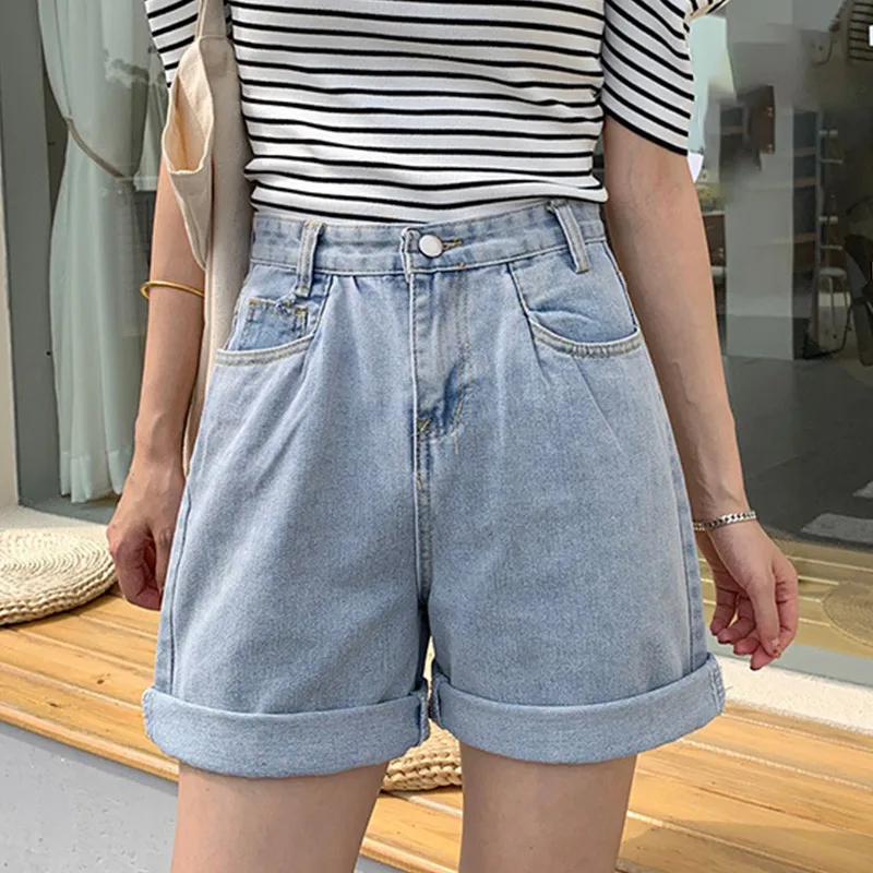 

Women Denim Shorts Hippie Button Adjust High Waist Short Harajuku Bermuda Wide Legs 2021 New Summer Cotton Jean Shorts