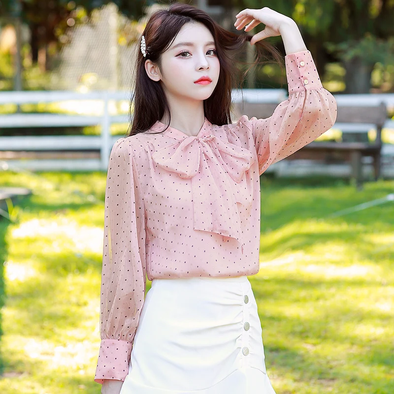 Шифоновая женская рубашка с длинным рукавом новинка осенняя в горошек бантом