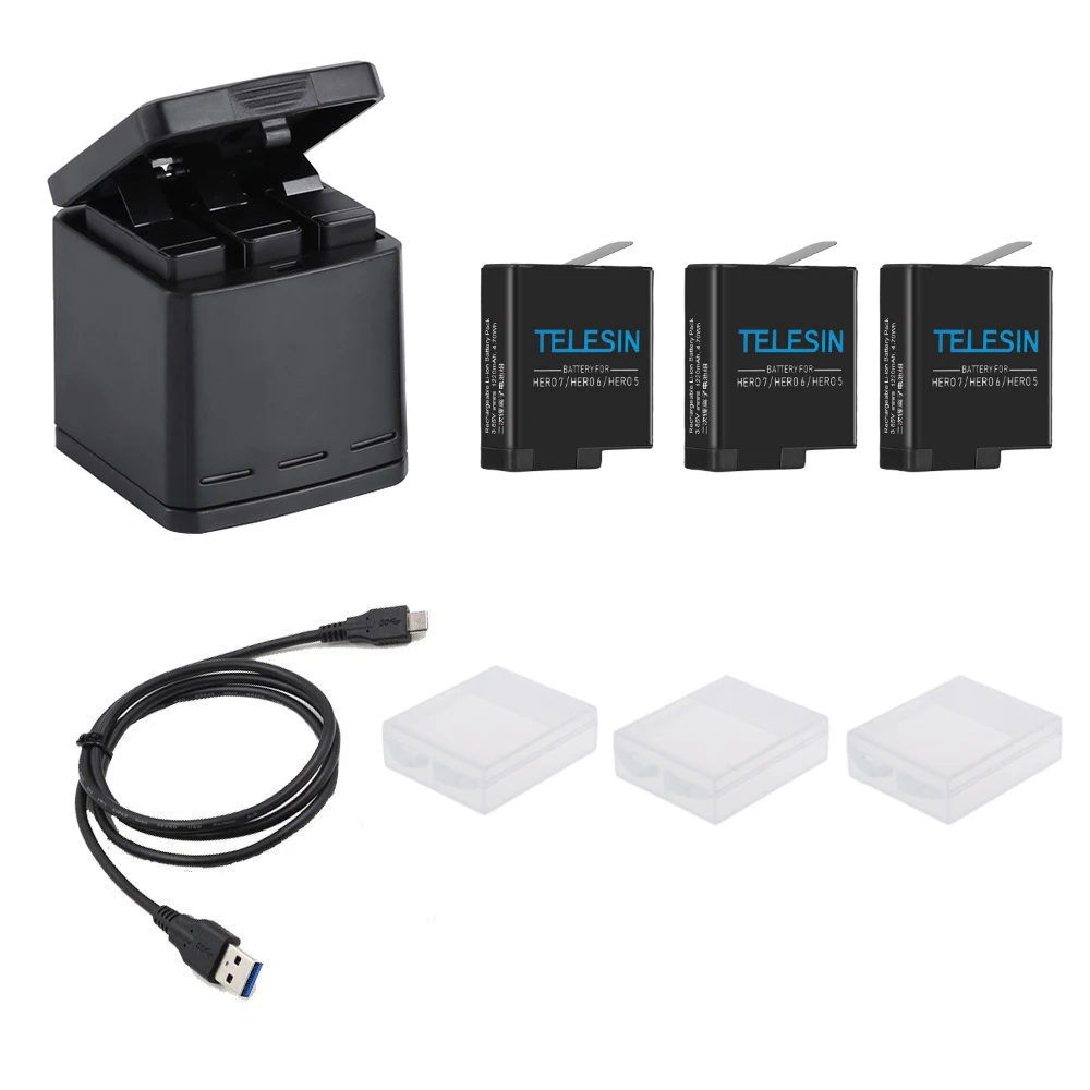 3 стороннее зарядное устройство Telesin аккумулятора Lion кабель USB C для Gopro hero 5 6 7 2018