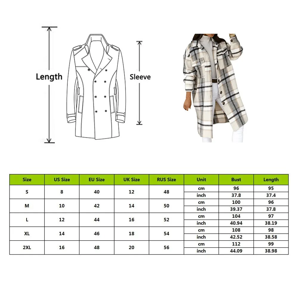 

Autumn Winter Women Plaid Printed Long Sleeve Coat Fashion Turn Down Collar Loose Single Breasted Long Shirt Coat Female