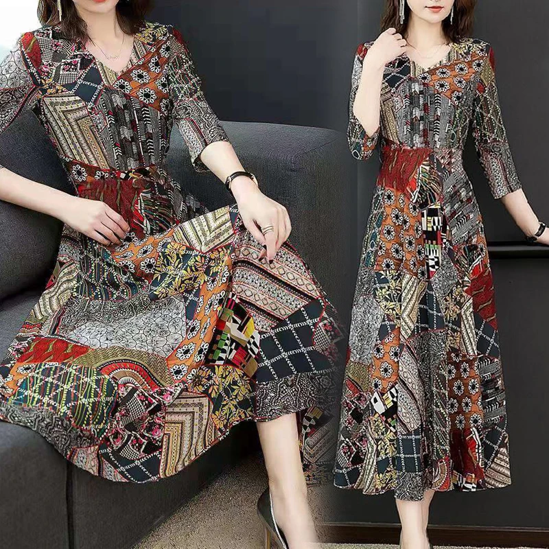 

Womens Sexy V Neck 3/4 Sleeves Dress Plus Size Printed A Line Party Midi Dresses