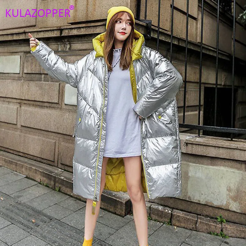 Silver KULAZOPPER Silver down jacket woman winter new thicken outwear long hooded loose outside keep warm coats female LZ025 - Цвет: Silver