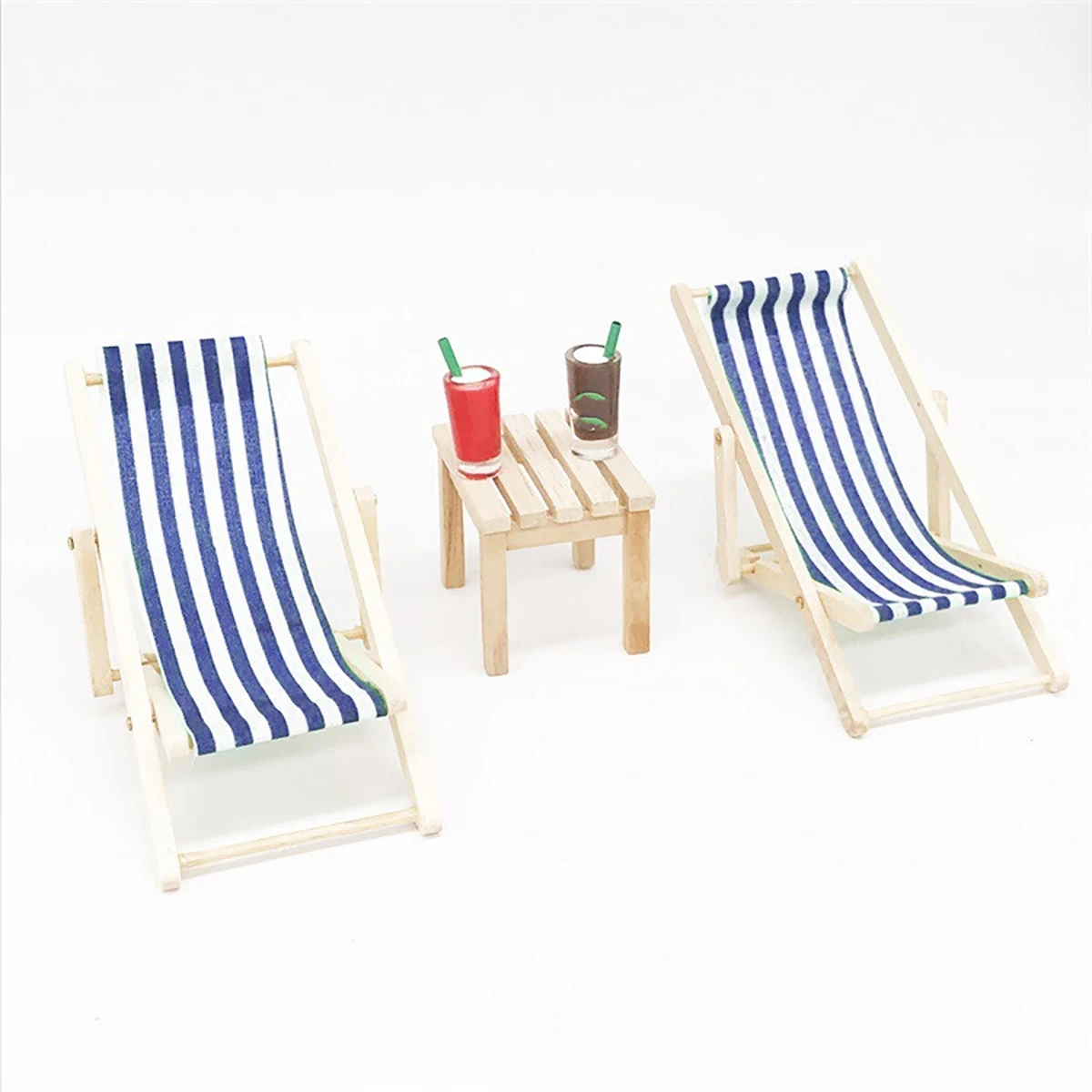 

1:12 Scale Wooden Lounge Chair Striped Dollhouse Miniature Beach Chair Furniture Decor Foldable Deckchair Accessories For Doll