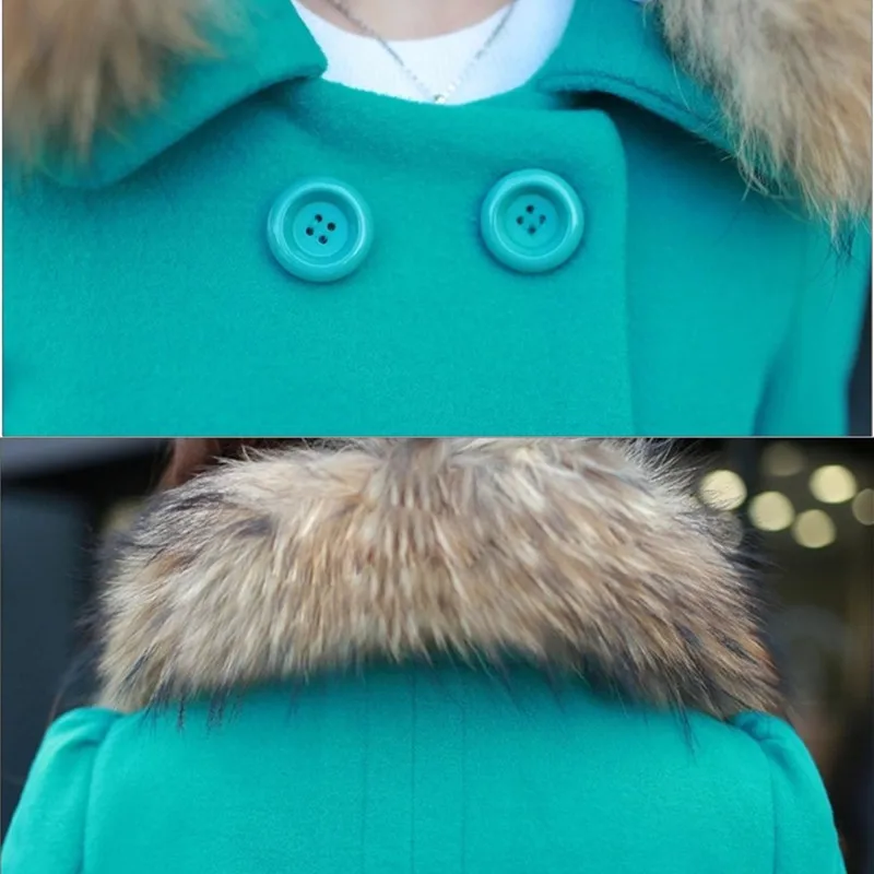 

Autumn winter women woolen coat Thicken Plus size warm Outerwear Raccoon Dog Fur collar Plus cotton Basic Jackets female N216