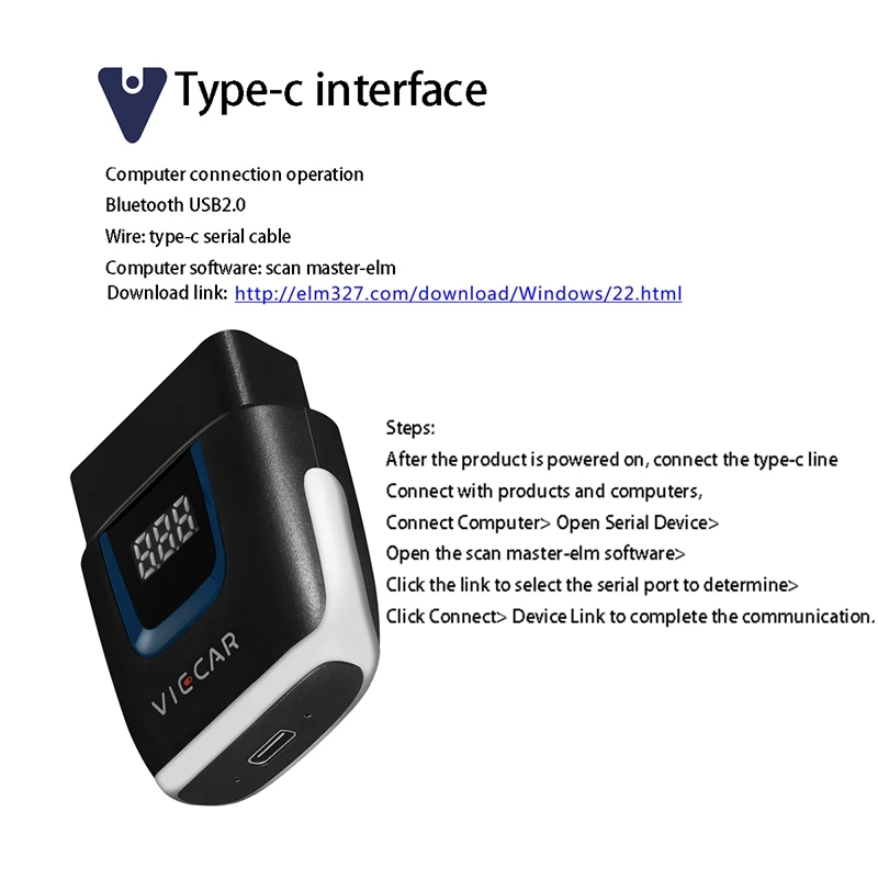 

Viecar ELM327 V2.2 OBD2 Code Reader Bluetooth 4.0 USB Type-C for IOS/PC Scanner ELM 327 OBD Car Diagnostic Auto Tool