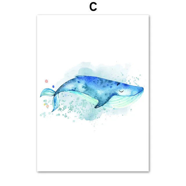 

Watercolor Whale Dolphins Octopus Wall Art Canvas Painting Cartoon Nordic Posters Prints Wall Pictures Girl Boy Kids Room Decor