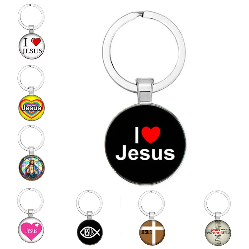 I Love Jesus Symbol Fashion Keychain Glass Cabochon Dome Keychain Holder Car Bag Accessories Religious Souvenir Gift