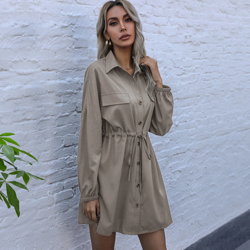 

Women Shirt Dress Autumn Long Sleeve Solid Color V-neck Mini Dress Ol Ladies Casual Work Plain Shirt Blouse Tops Vestido