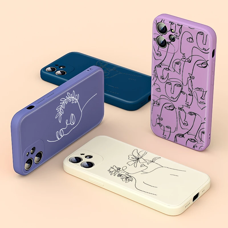 

Liquid Silicone Soft Cover Line art For Apple iPhone 13 12 mini 11 8 7 6 XS XR SE 2020 Pro Max Plus Phone Case