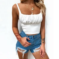 summer pleated sleeveless tank tops women solid colors square collar short camisole slim casual fashion tshirts crop tops sexy