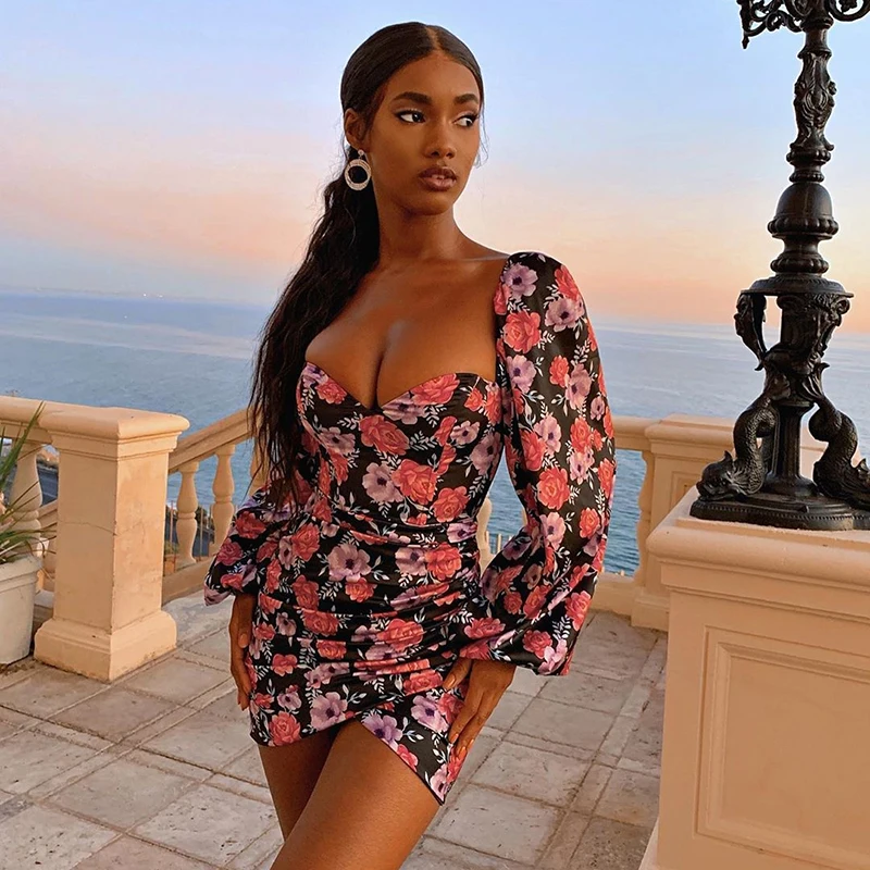 

Летнее платье с цветочным принтом, облегающее элегантное платье с пышными длинными рукавами и открытой спиной, женские вечерние платья, мод...