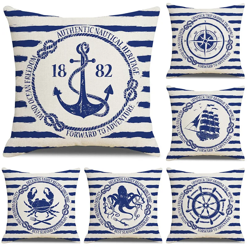 

Home Decorative Navigation Blue Compass Anchor Pillow Cover Nautical Shell Fish Linen Pillow Case Mediterranean Cushion Cover