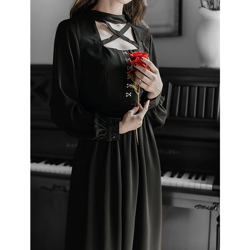 

GothGotik Gothic Black Sexy Vintage Elegant Dress For Women Hollow Out High Wasit Long Sleeve Party Dressse Lolita Spring Autumn
