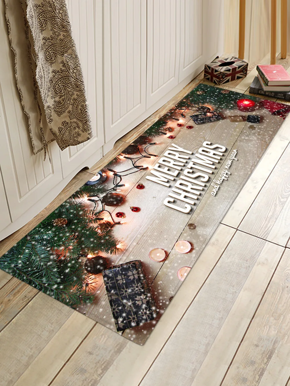 

Merry Christmas Claus Anti-slip Kitchen Dinning Room Fireplace Floor Mat Flannel Carpet Rug Durable Xmas Home Decor Floor Rug