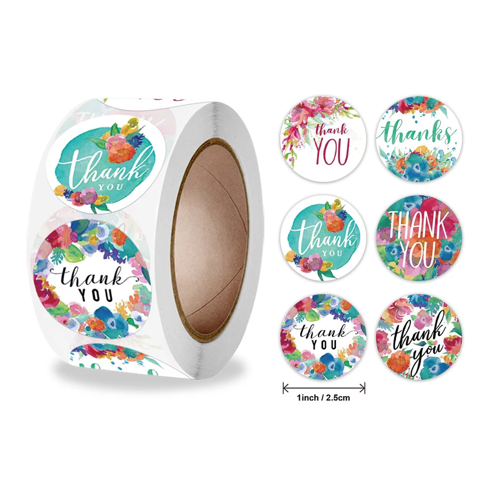 

500Pcs/Roll Thank You Label Sticker For Wedding Party Gift Box Label Flowers Round Baking Sticker For Cake Decoration