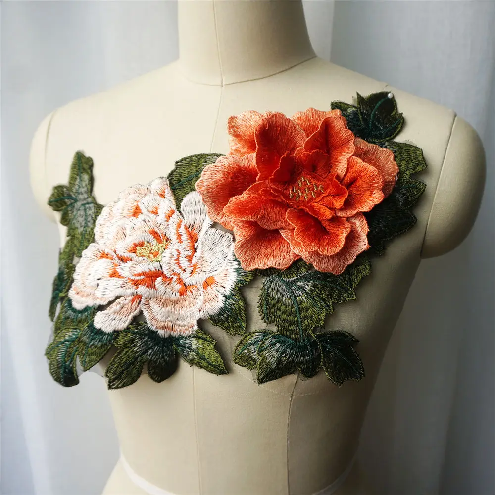 Оранжевый 3D Пион цветок лист кружева ткань многослойный воротник вышитое платье