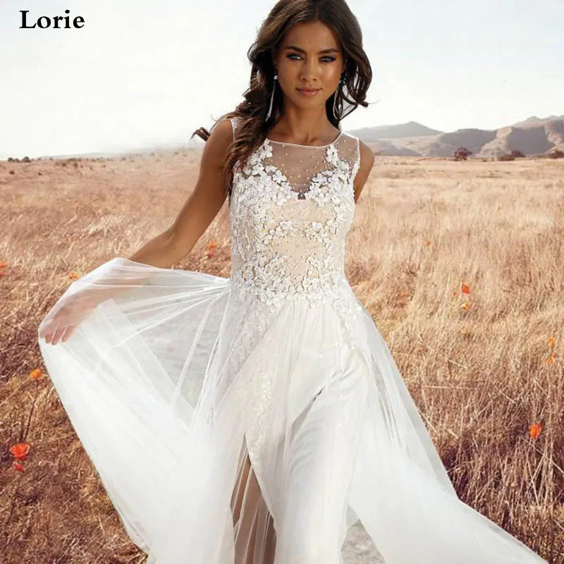 Lorie Wedding Dress Boho A Line Lace Vestido de novia Sleeveless Side Split Bride Dresses Custom Made | Свадьбы и торжества
