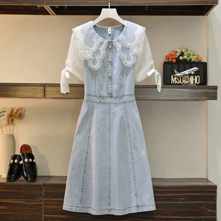 

Женское джинсовое платье с коротким рукавом, кружевное винтажное Повседневное платье с круглым воротником в стиле пэчворк, 2021