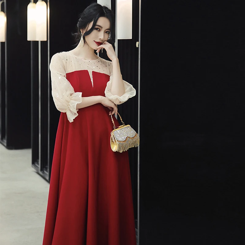 

New Ruched A-Line Evening Dress Zipper Back O-Neck Sequins Half Sleeves Simple Floor-Length Plus Size Women Formal Gowns D728