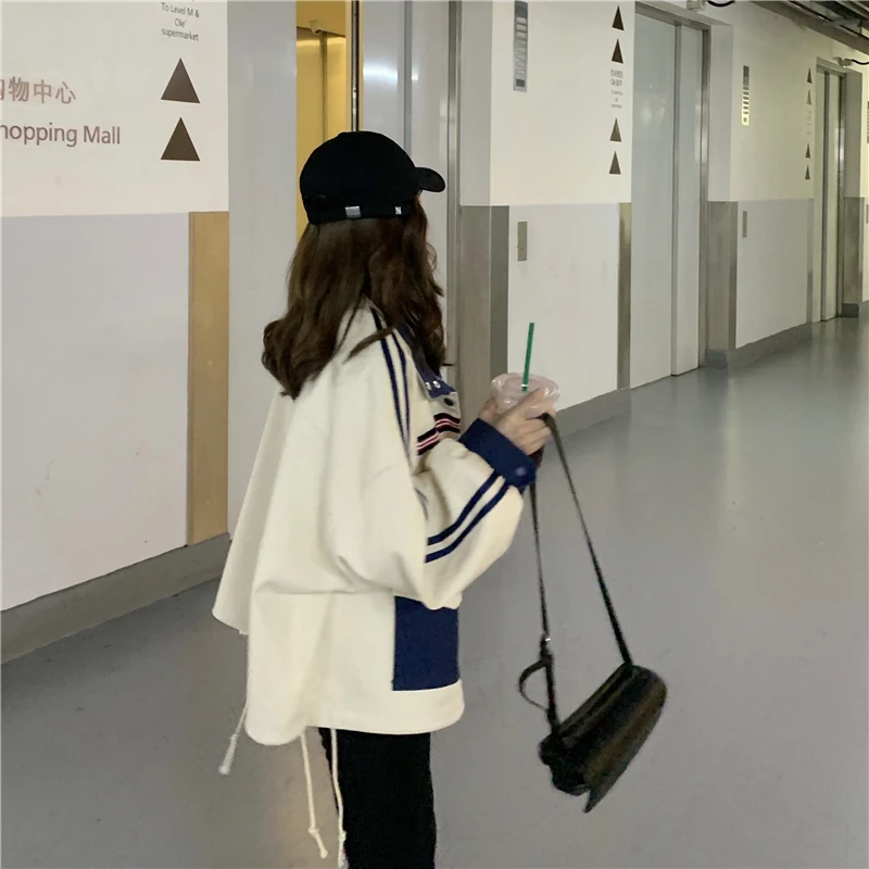 

Women's Spring Autumn Jacket Retro Hong Kong Style Hit Color Pocket Striped Coat New Loose Wild Long-sleeved Tooling Coats GX789