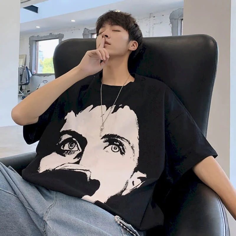 

Футболка с принтом «пять рукав футболка; Европейский стиль; Сезон лето в стиле панк портретная печать в стиле хип-хоп с коротким рукавом бре...