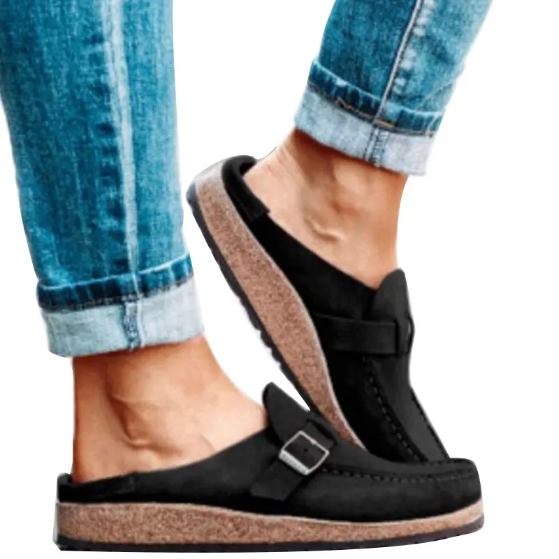 

2020 Women Slip On Sandals Summer Retro Casual Flat Shoes Comfy Leather Buckle Suede Ladies Soft Female Flat Slipper Shoes