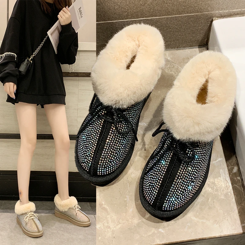 Женские зимние ботинки с украшением в виде кристаллов милые теплые плюшевые на