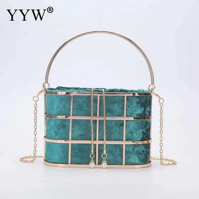 

Metal Velour Bucket Bag 2021 Fashion Green Black Women Handbag Chain Open Bags With Top Handle Purse Evening Party sac a main