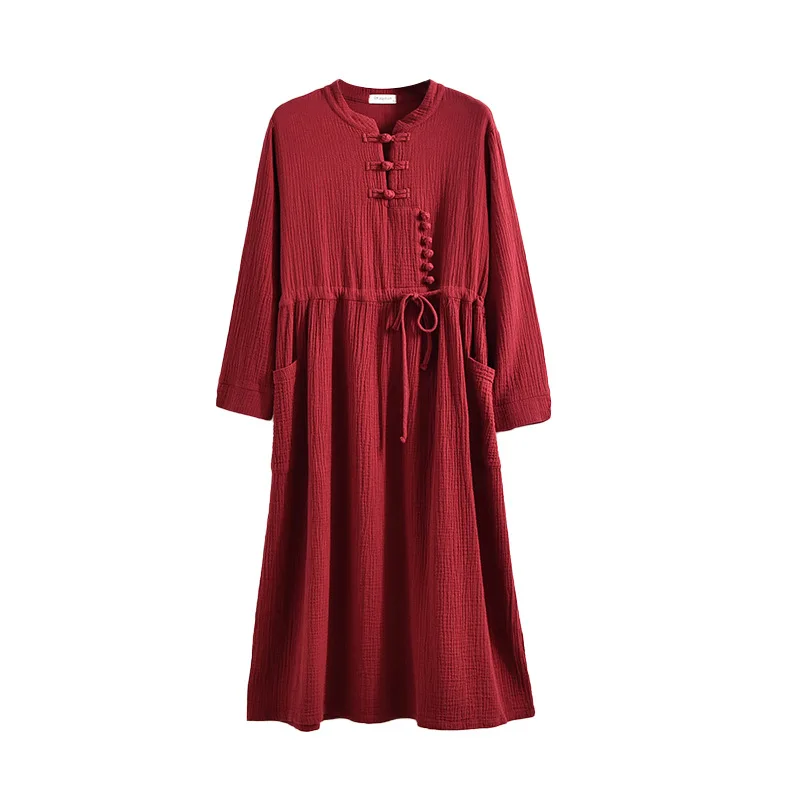 

Spring Autumn Long Sleeve Dress Loose High Waist Chinese Style Retro Red Vintage Dresses Women Robes TA5069