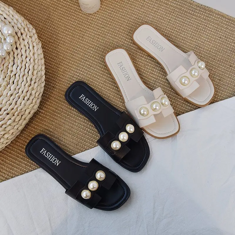 

Women Slippers Fashion Pearl Design Elegant Flat Shoes 2021 Sell Well Korean Version Beige Low Heel Ladies Flip Flop Casual