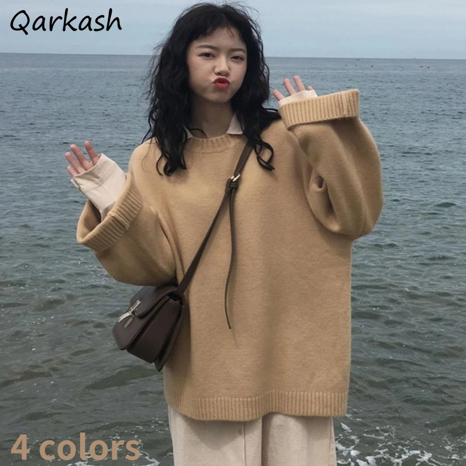 

Pullovers Women Solid Basic Loose Classic Leisure Sweet All-match Autumn Cozy Korean Style Tender Minimalist Ladies Teens New