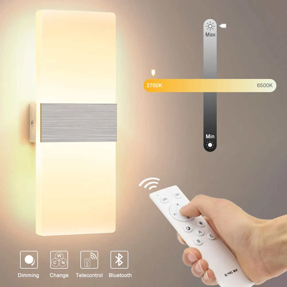 

12W Dimmable Acrylic LED Wall Lamp Bluetooth Wireless Remote Control Bedside Wall Light Living Room Bedroom Decor Sconce Fixture