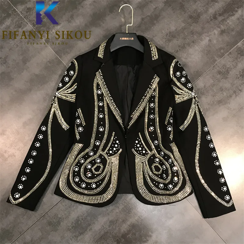 High Quality Black Blazer Jacket Women Diamonds Fashion Lapel Hidden Breasted Suit Jacket Ladies Elegant Loose Blazers Coat