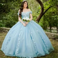 light blue flowers quincenera birthday gowns ball gown appliqued party robe de soiree celebrity 15 ans vestidos fiesta plus