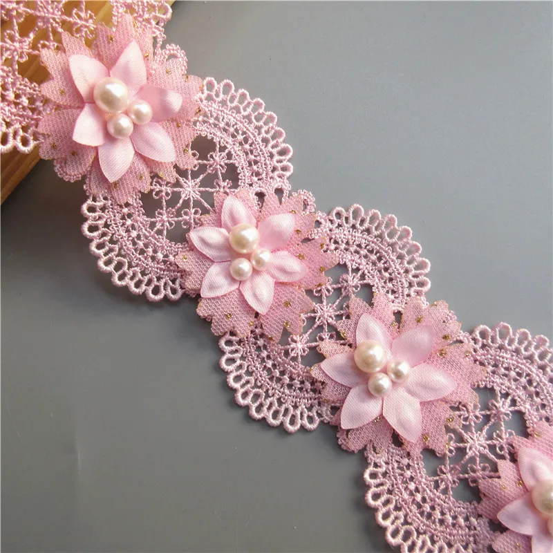 10x 6*5cm Pink Polyester Pearl Flowers Embroidered Lace Trim Ribbon Applique DIY Manual Sewing Supplies Craft Decoration | Дом и сад