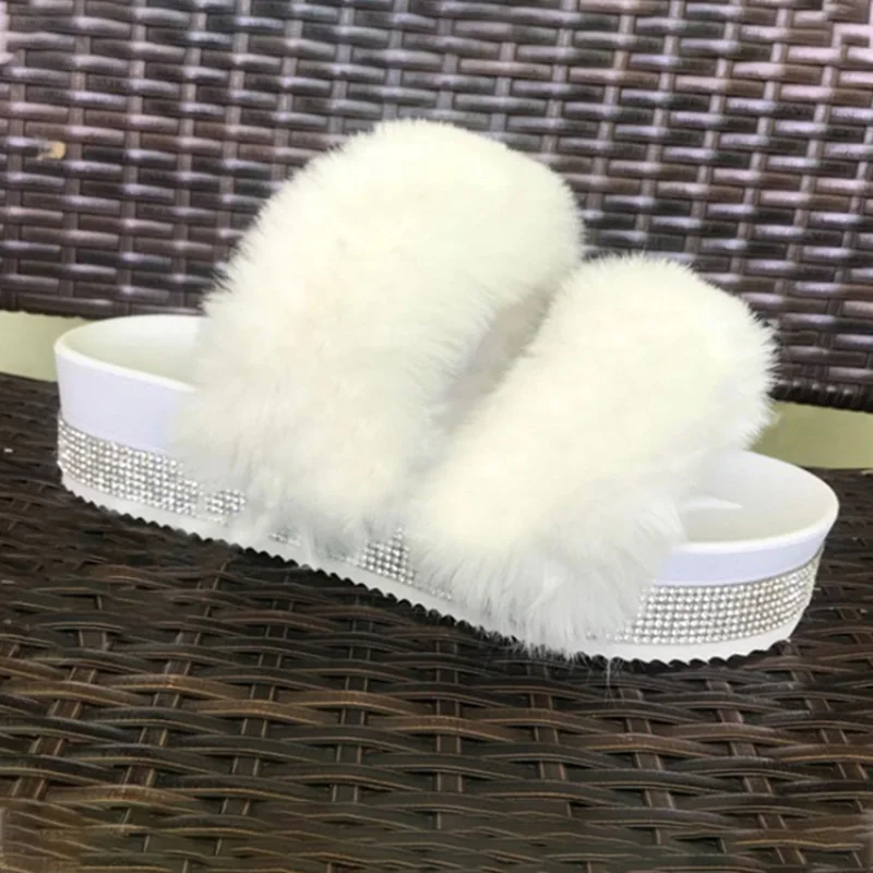 

Womens Fuzzy Slippers Furry Fluffy Slide Sandals Open Toe Wool Fur House Two Band sandals