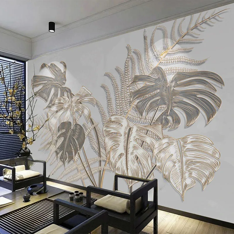 

Custom 3D Wallpaper Light Luxury Golden Embossed Lines Leaves Photo Wall Mural Living Room TV Background Wall Abstract Stickers
