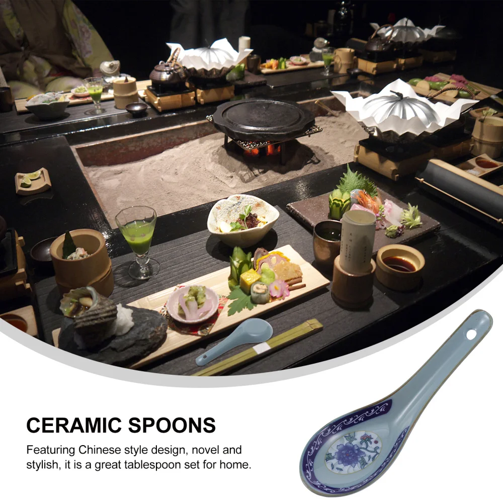 

10Pcs Ceramic Spoons Soup Spoons Chinese Style Spoons (Random Style Pattern)