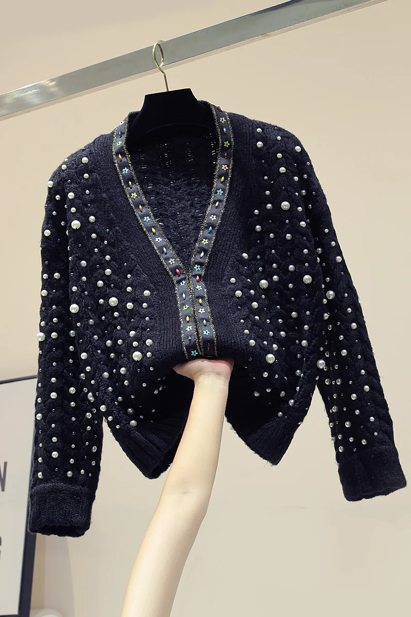 

Autumn Winter New Korean Embroidered Bead Stitching Knitted Sweater Women Loose Black Knitting Coat Jacket Female Jumpers