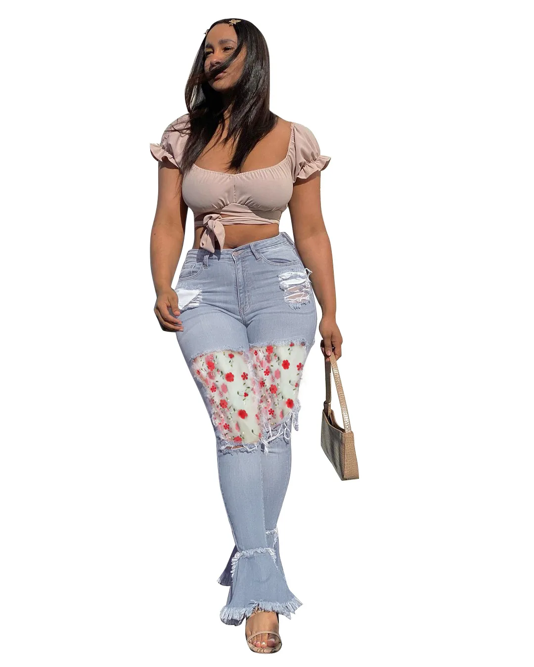 

European and American women's cute floral stitching denim trousers women clothing skinny jeans woman bell bottom jeans