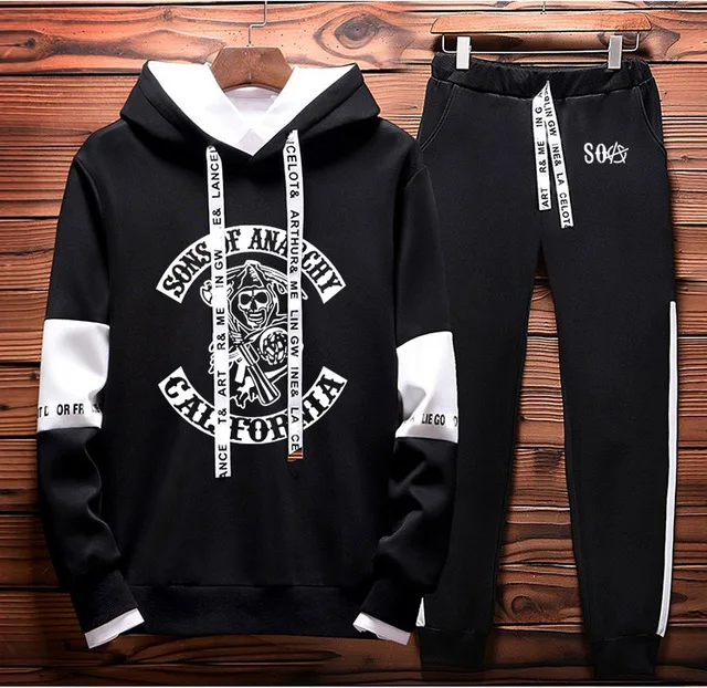 

SOA Sons of anarchy the child Skull Printed Hoodies Men Casual Hoodies Pants 2Pcs Sporting suit Fleece Warm Thick sportwear T6