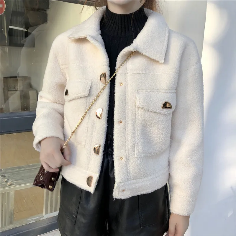 

Women Solid Jacket Fleece Shaggy Warm Lamb Wool Autumn Winter Coat Overcoat Outwear Crop Top