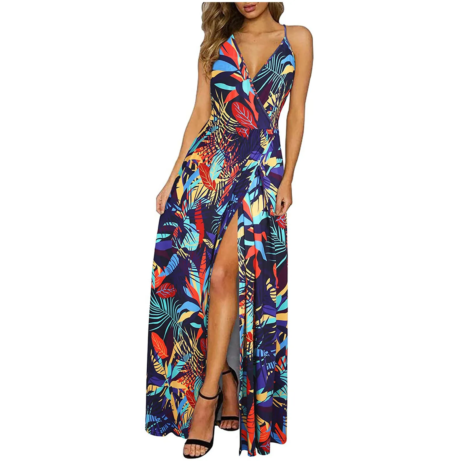 

Summer Dress Women Fashion V-Neck Sleeveless Floral Print Sling Dress Casual Long Maxi Dress 2021