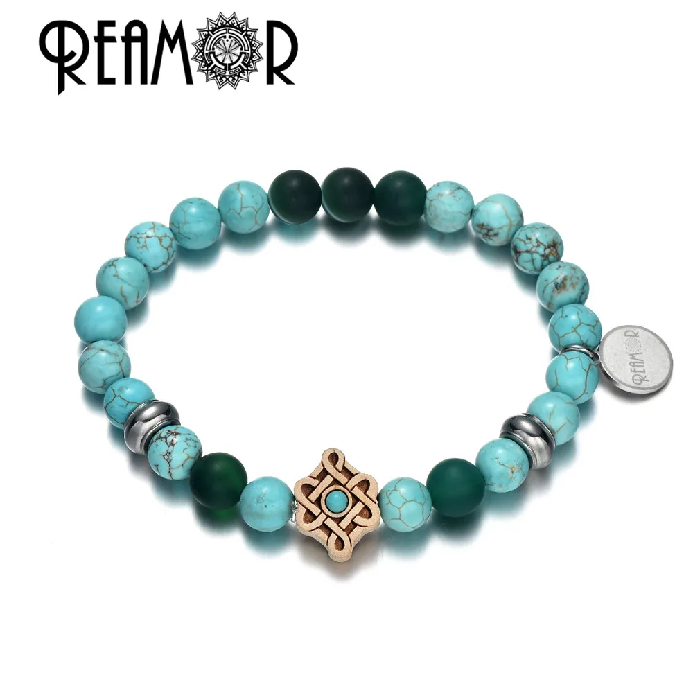YSBK001 h REAMOR натуральная бирюза этнический браслет из деревянных бусин homme Модные Браслеты Мужчины/Женщины браслет ювелирные изделия подарок - Окраска металла: YSBK001 h