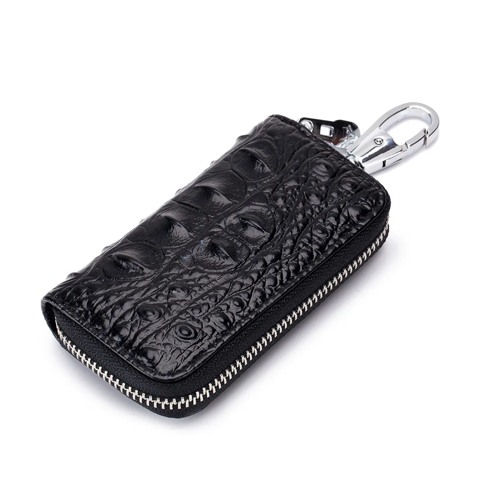 Brand Cowhide Key Card Holder High Quality Genuine Leather Crocodile Pattern Key Case Zipper 6 Key Rings Organizer Car Key Bag