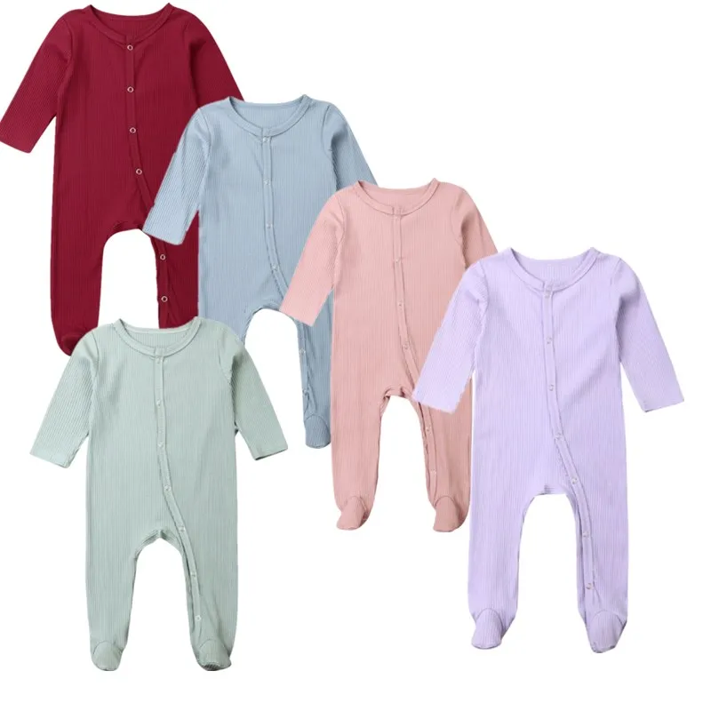 

2021 Baby Spring Autumn Clothing 0-6M Baby Newborn Boy Infant Girl Long Sleeve Footies Solid Ribbed Playsuit Outfit Jumpsuit