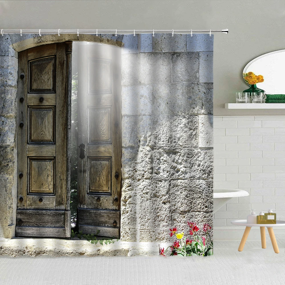 

European Rustic Rock Wall Old Door Shower Curtain Sunny Flower Green Plant Bath Decor Outside The Window Scenery Hooks Curtains