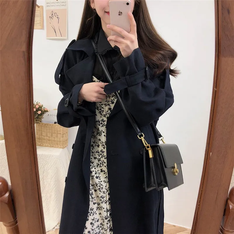 

HziriP Women Trench 2021 Autumn New Gentle Elegant Cool Double Breaste Windbreaker Vintage Solid All-Match Office Lady Long Coat