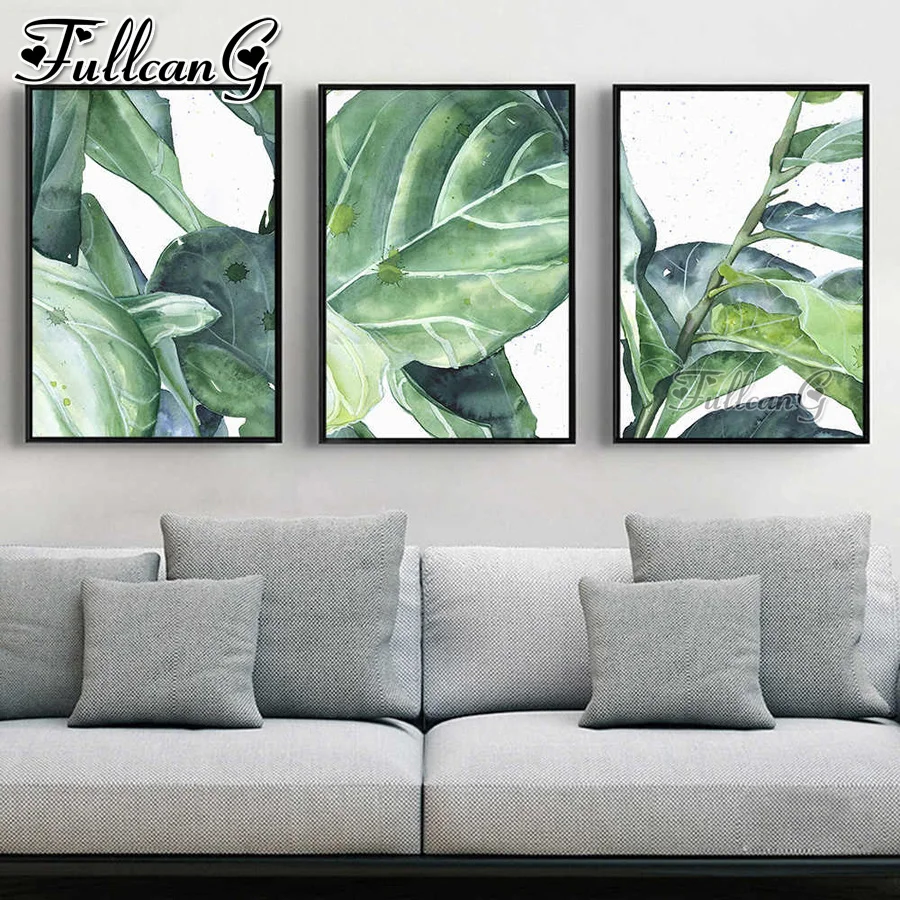 

FULLCANG 5d diy diamond embroidery sale green leaf plant painting triptych full square round drill wall decoration FC3588