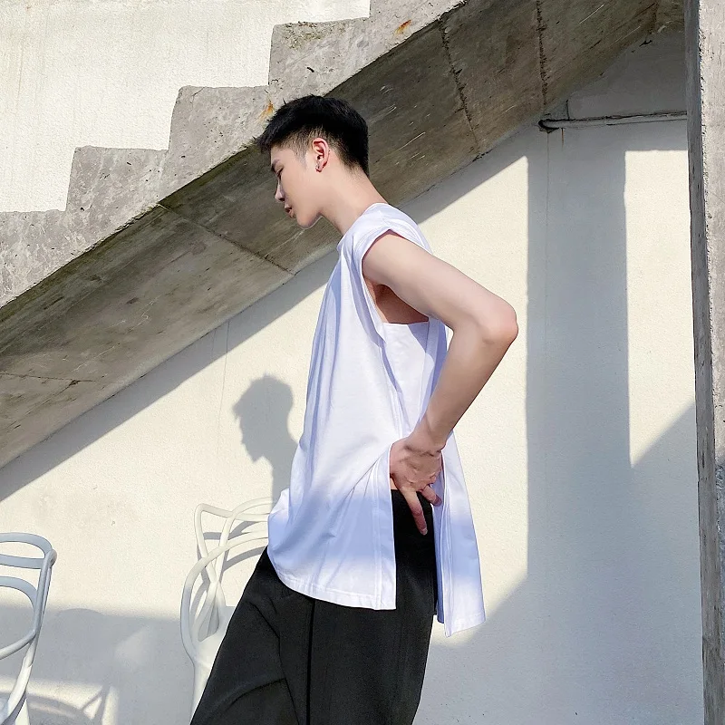 

Men Streetwear Casual Side Split Black White Tops Tanks Male Japan Style Fashion Loose Sleeveless Tees Shirts Vests Men Clothi